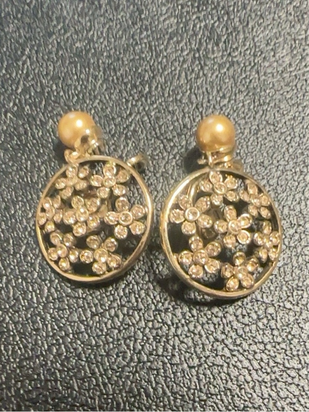 Vintage Monet Gold Tone Rhinestone Floral Clip On Earrings Signed